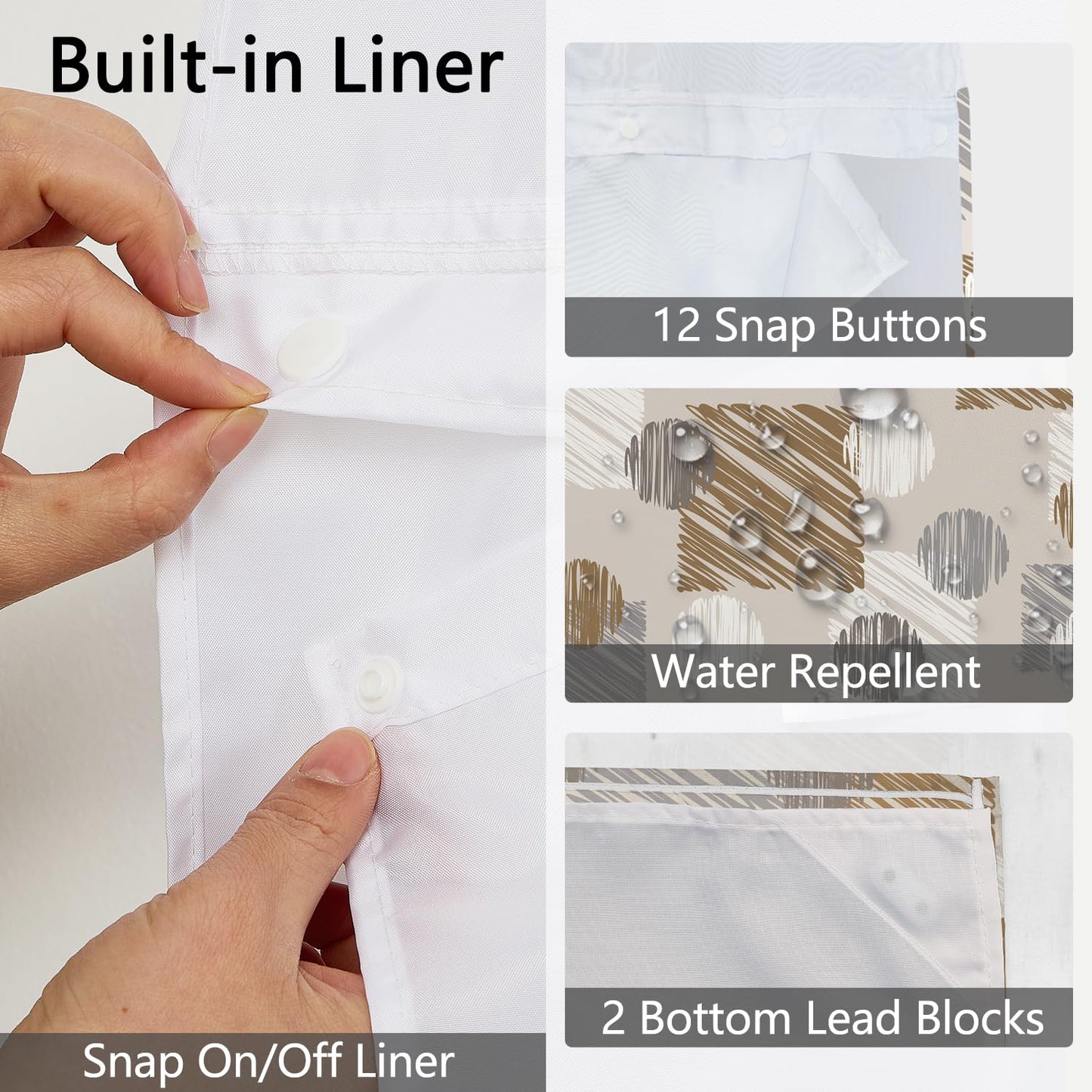 NAEMBCU No Hook Shower Curtain with Snap in Liner, 71x74 Inch