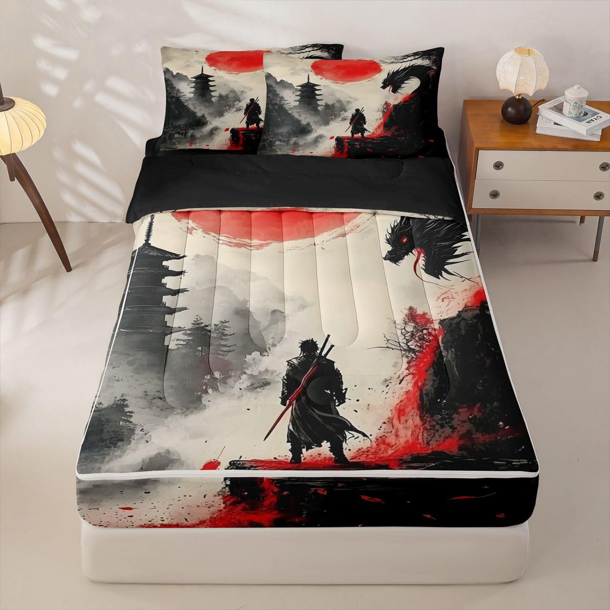 Erosebridal Japanese Theme Kids Bedding Set Full Samurai Dragon Zipper Comforter Set for Boys Girls Teen Black and Red Zip Up Bedding Retro Sun Mountain Bed in a Bag Set with Fitted Sheet