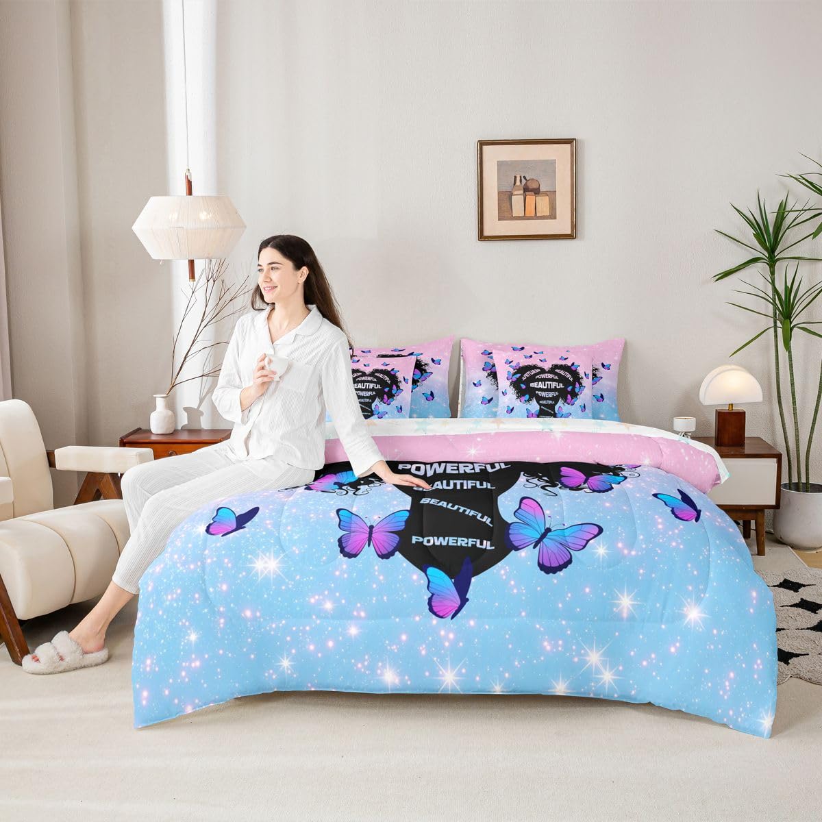 Erosebridal Black Girls Magic Queen Bedding Set Aesthetic Glitter Butterfly Comforter Set with Flat and Fitted Sheet Girl Women Empowering Words 7-Piece Bed in a Bag Blue Pink Gradient Quilt Sets
