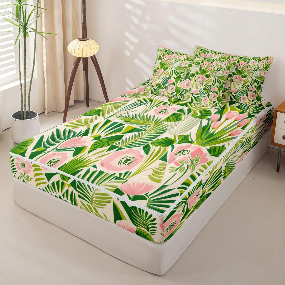 jejeloiu Floral Zipper Bedding Sets for Kids Boys Girls Pink Green Flowers Twin Comforter Set with Fitted Sheet Coloful Botanical Bedroom Decor Cute Microfiber with 2 Pillow Cases