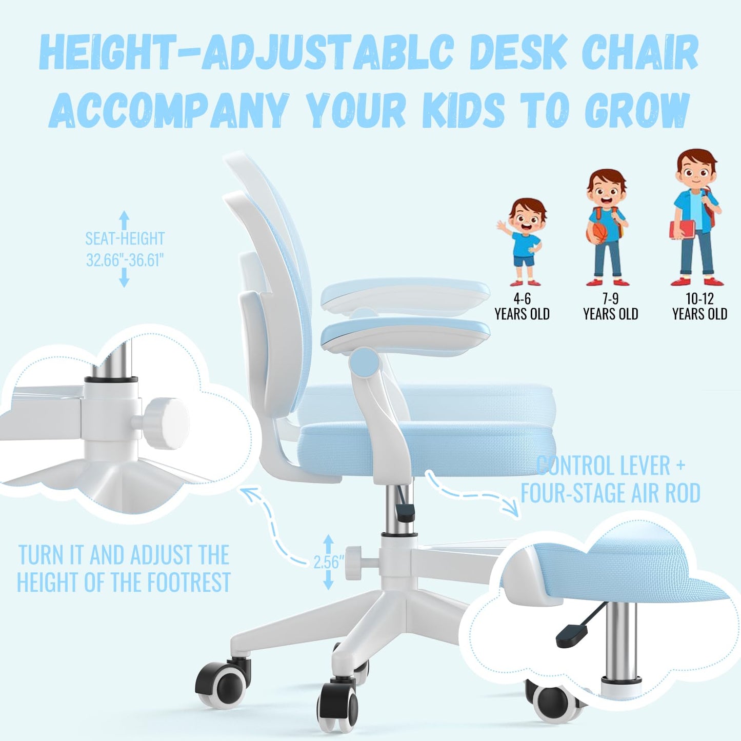 Ergonomic Kids Desk Chair 4-12, Adjust Height Children Study Computer Chair