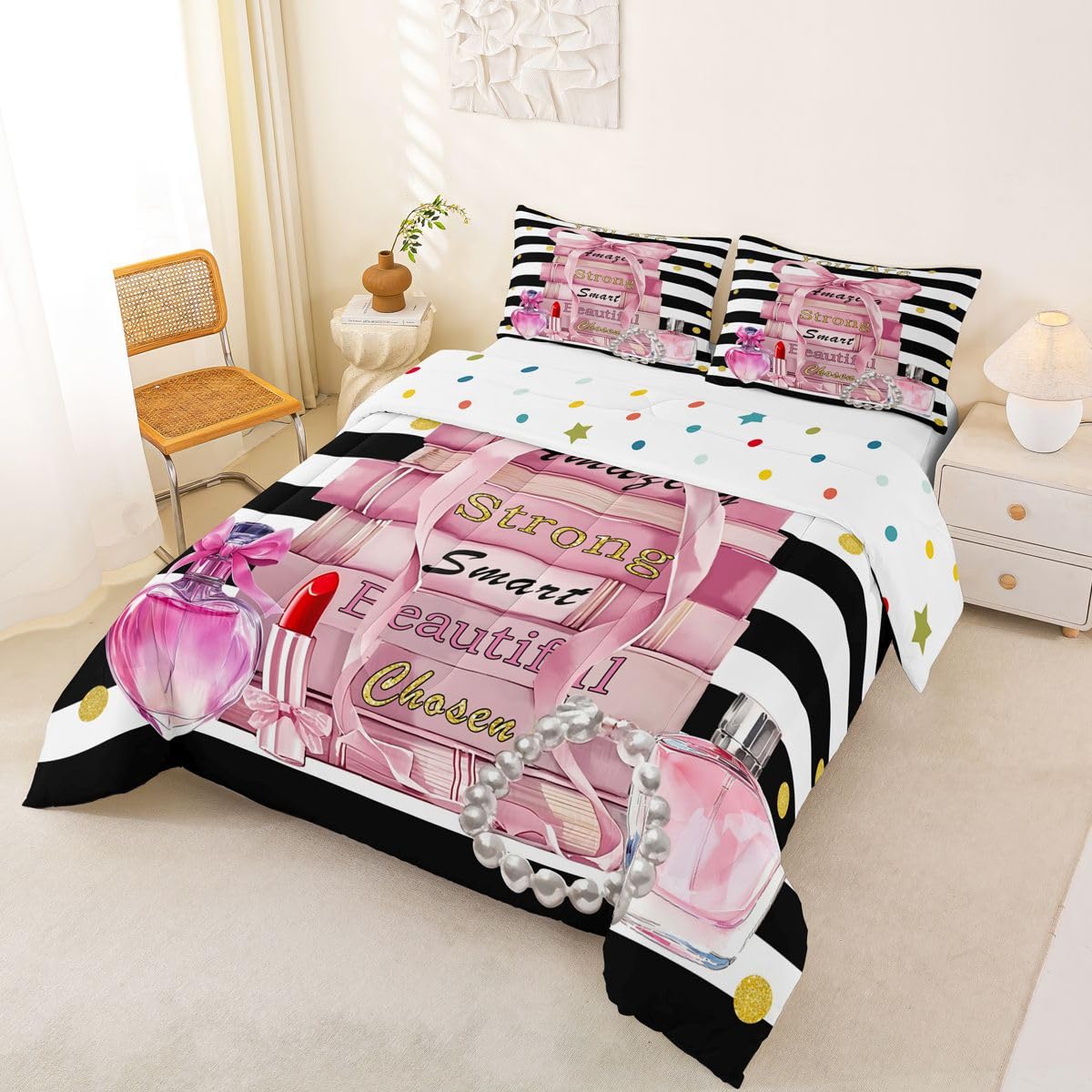 Erosebridal Pink Cute King Bedding Set Girly Fashion Bow Comforter Set for Girls Teens Kids Women Modern Black and White Stripe Quilt Positive Quotes Books Pearl Perfume Bed Sets