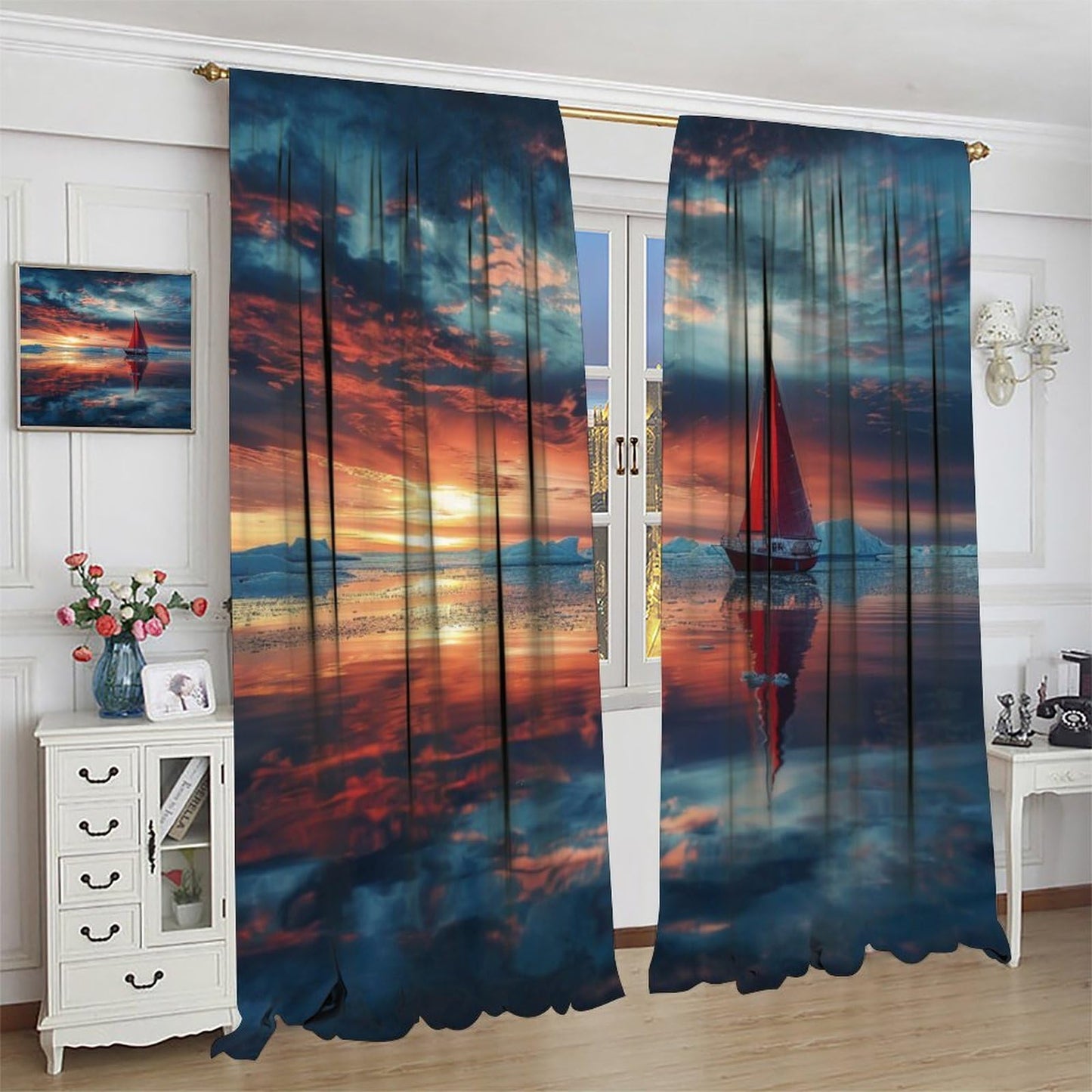 TOWINSFB Classic Ocean Sailboat Blackout Curtains for Living Room Bedroom, Colorful Sky Cloud Sunset Scenery Window Curtains Rod Pocket Thermal Insulated Window Drapes, 2 Panels, Each 21W x 45L