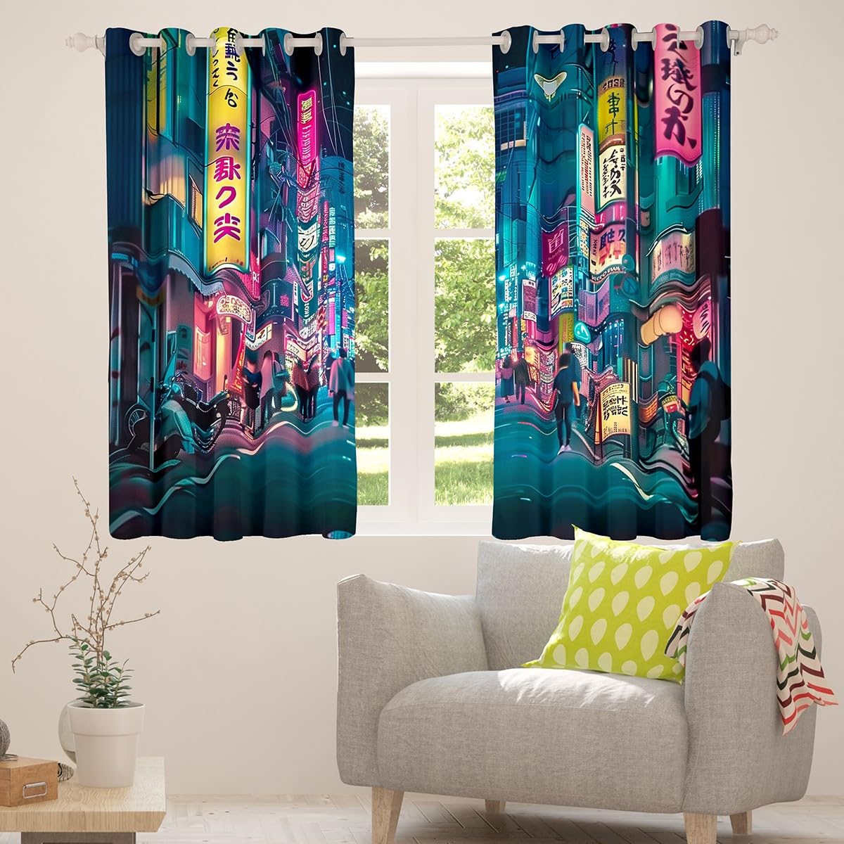 Feelyou Japanese Art Blackout Curtains (2 Panels, 42 x 63 Inch) Tokyo Anime Darkening Drapes Japan Night City Curtains for Bedroom Living Room