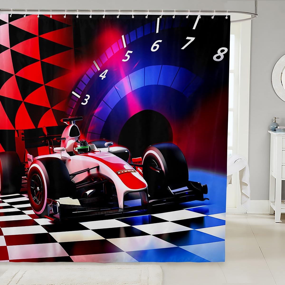 Feelyou Sport Car Shower Curtain with Hooks Race Car Decor Fabric Bathroom Shower Curtain Racing Kids Waterproof Shower Curtains Black White Geometric Lattice Automobile Printed Curtain,72Wx72L Inch