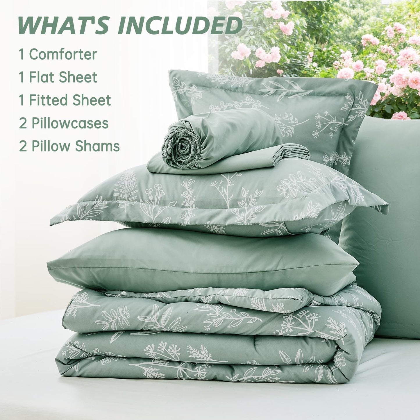 MUXHOMO King Comforter Set 7 Pieces, Sage Green Elegant Floral Print Bed in a Bag King, Ultra Soft & Breathable Reversible Botanical Pattern Bedding Set with Comforter, Sheets, Pillowcases, and Shams