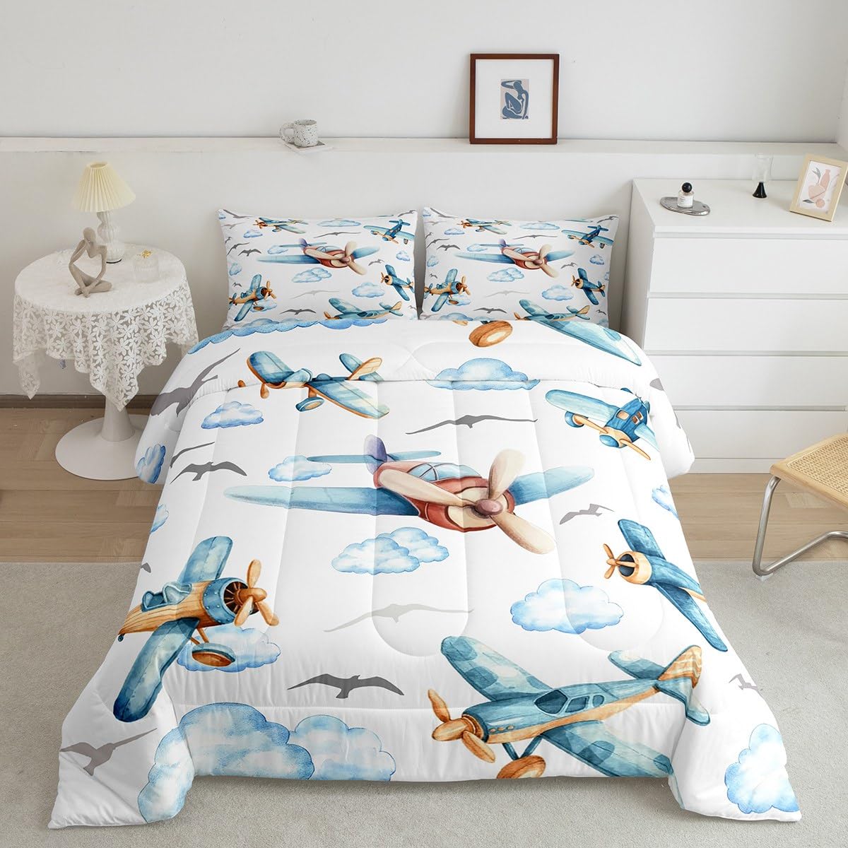 Erosebridal Boys Cartoon Propeller Plane Full Comforter Set, Aircraft Airplane Bedding Set, Blue Clouds Comforter for Kids Child Girls Adults Bedroom, Flying Birds Animals Duvet Insert