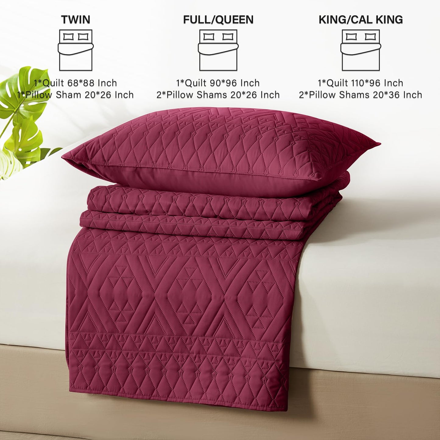 akkialla Full/Queen Quilt Set, Burgundy Lightweight Microfiber Bedspread Coverlet, Boho Geometric Pattern, Soft All-Season Bedding, 3-Piece (1 Quilt, 2 Pillow Shams)