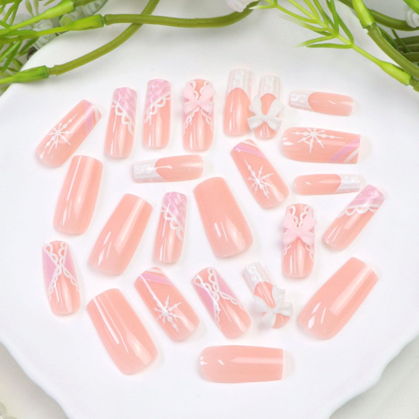 White French Tip Press on Nails Medium Square Fake Nails Winter Nails Press ons with 3D Bow Snowflakes Designs Pink Acrylic Nails for Women 24Pcs