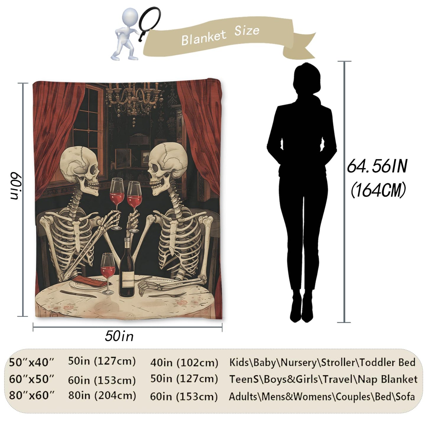 Ti Caldi Romantic Skeleton Dinner Blanket | Soft Warm Fuzzy Lightweight Flannel Throw Blanket for Couch, Bed, Halloween Decor, Travel & Outdoor Use, Cozy Blankets for Adults Women Men 60×50 in