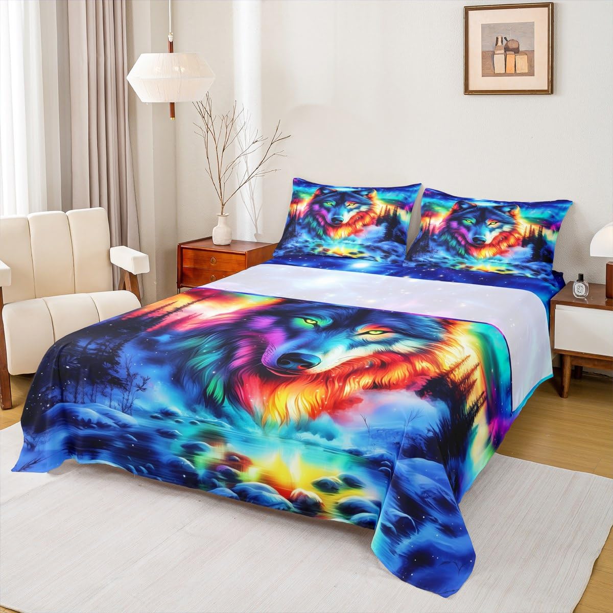 Erosebridal Wolf Full Bed Sheets Set Tribal Animal Flat Fitted Sheet Jungle Wildlife Bedding Set for Children Adult Women Men,Blue Starry Sky Natural Aurora Bedding Sets Watercolor, 2 Pillow Cases