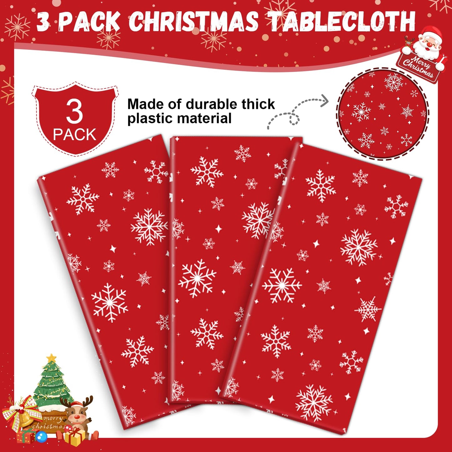3Pack Christmas Plastic Party Tablecloth for Rectangle Tables, Christmas Disposable Table Cloth Decoration, Red Snowflake Xmas Tablecloths for Winter New Year Holiday Supplies,54x108in