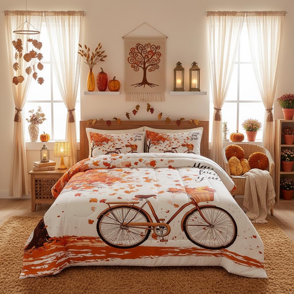 Fall Style Maple Leaves Comforter Set Queen Size, Rustic Farmhouse Bike Quilt Set for Home Room Decor,Thanksgiving Gifts Bedding Retro Nature Plants Duvet Insert, 2 Pillowcases
