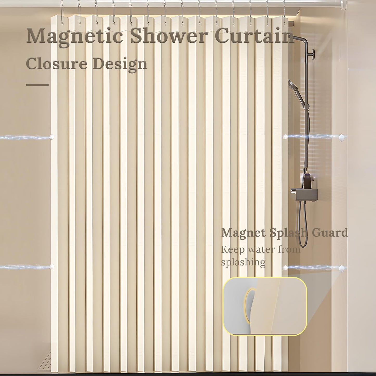 South to East Waterproof Shower Curtain for Bathroom, Folding Fabric Shower Curtain with Magnets, No Liner Required, 72x72 Inch Heavy Duty Thick Magnetic Shower Curtains, Stainless Steel Hooks, Beige