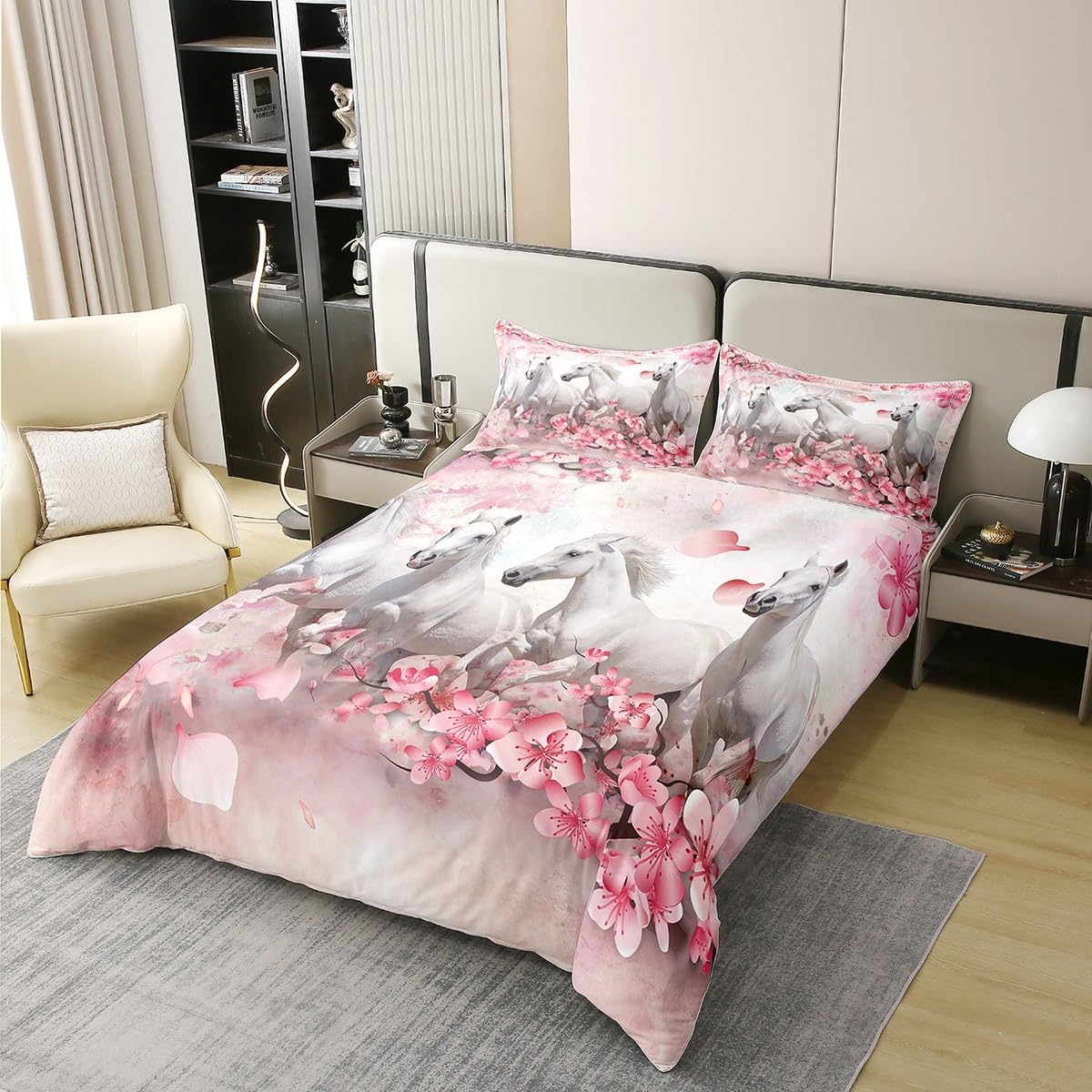100% Cotton Galloping Horse Comforter Cover, Teens Western Cowboy Duvet Cover Queen Size, Cherry Blossoms Petal Bedding Set for Kids Boys Girls, Farm Animal Quilt Cover Living Room Decor, Pink White