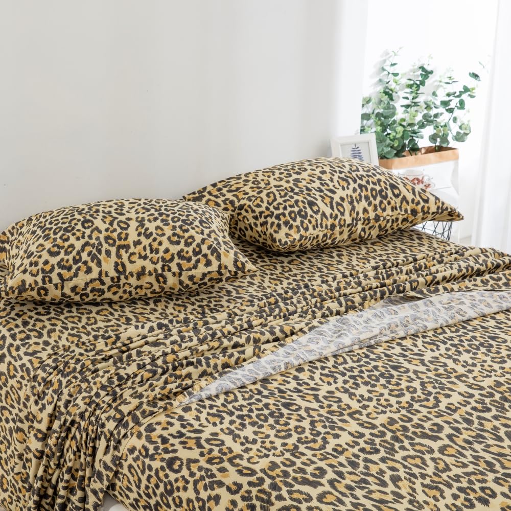 DAUAOTO Queen Size Printed Sheets Set, 100% Cotton Bedding Sets, Up to 14" Deep Mattress, Modern Pattern Bedlinen Set, Leopard Yellow