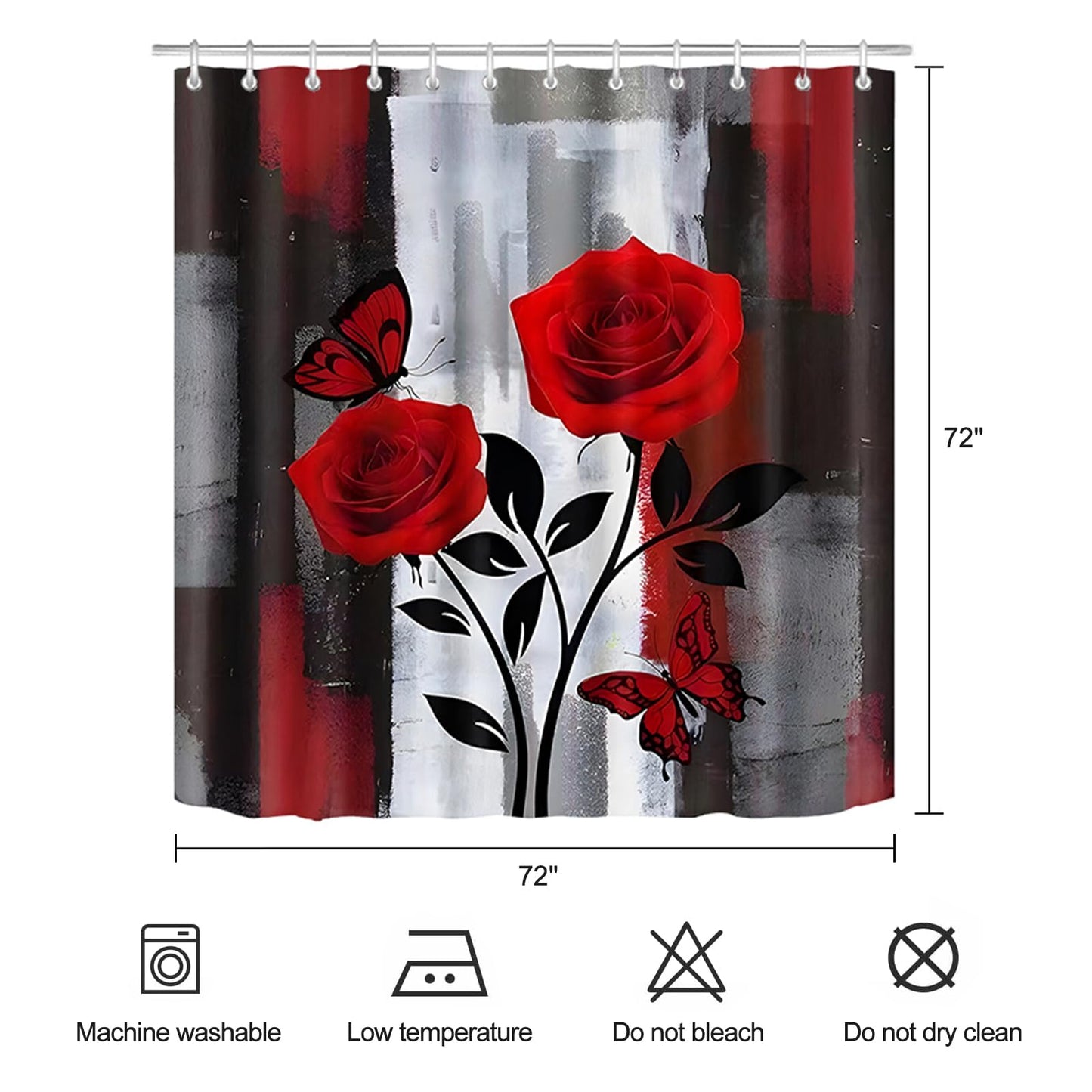 ZCHOMI Red Rose Shower Curtain Black and Red Rose Floral Shower Curtains for Bathroom Waterproof Polyester Fabric Bathroom Curtain 72 x 72 Inch with 12 Plastic Hooks