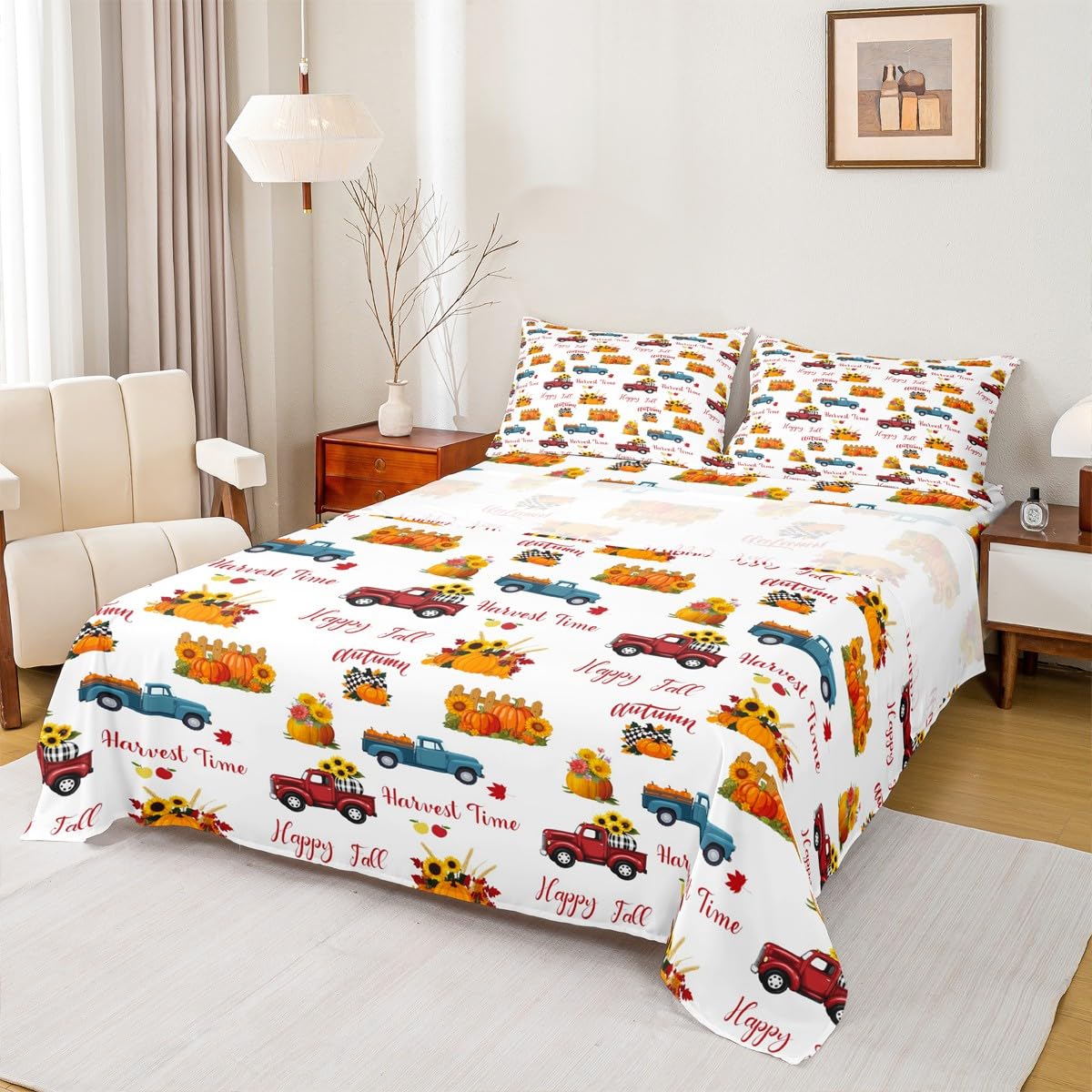Happy Fall Bedding Set For Kids Queen Plaid Pumpkin Truck Bed Sheets Thanksgiving Harvest Season Sheet Set Autumn Sunflower Harvest Time Fitted Sheet Red Blue Orange Flat Sheet + 2 Pillow Cases