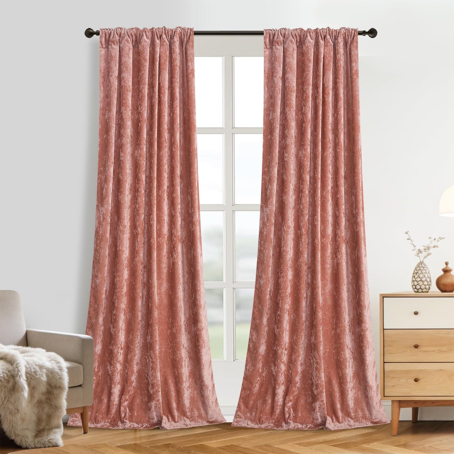 Roslynwood Crushed Luxury Velvet Blush Pink Curtains for Bedroom 84 inches Long, Thermal Insulated Window Drapes Back Tab for Living Room/Dining Room, W52 x L84, 2 Panels