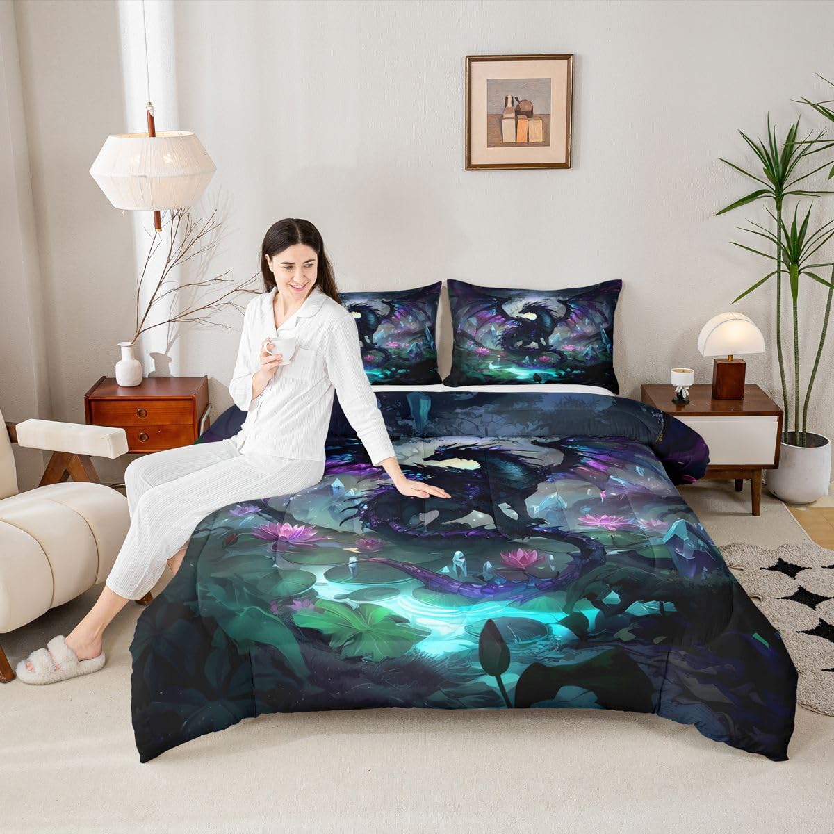 Feelyou Dragon Comforter Set Twin Size Dragon Stuff Bedding Set for Kids Boys Girls Wild Life Duvet Quilt Magic Wildlife Bedroom Decor Black Purplish 2 Pcs with 1 Pillow Cases