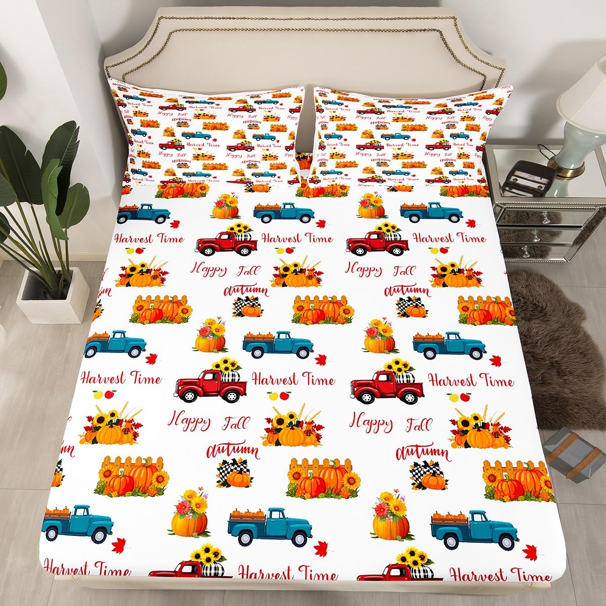 Happy Fall Bedding Set For Kids Queen Plaid Pumpkin Truck Bed Sheets Thanksgiving Harvest Season Sheet Set Autumn Sunflower Harvest Time Fitted Sheet Red Blue Orange Flat Sheet + 2 Pillow Cases