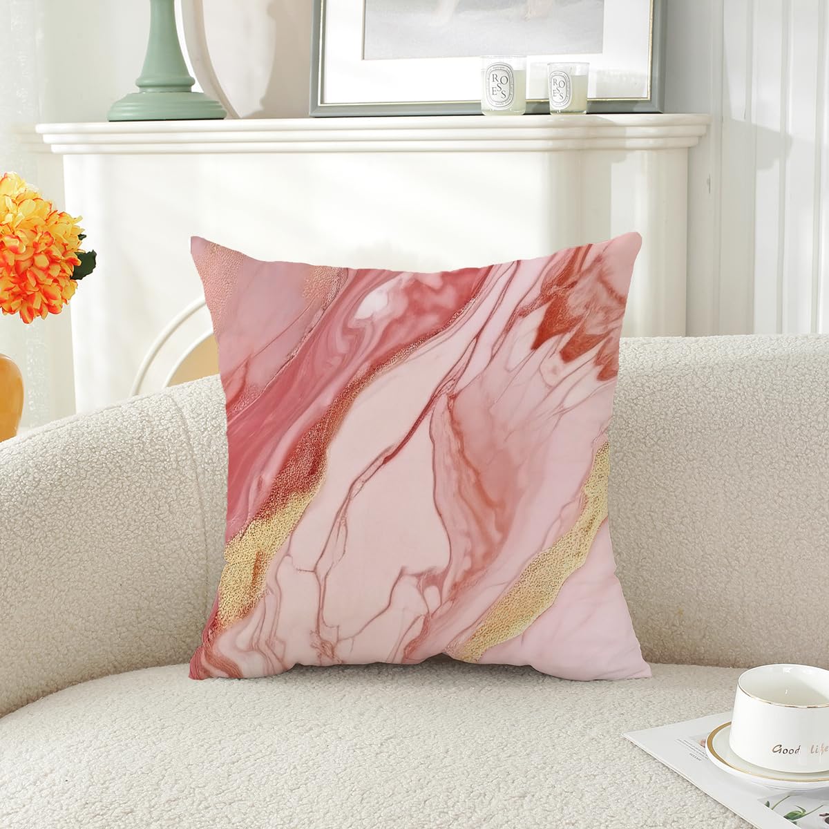 ZHLF Pack of 4,Pink Marble Throw Pillow Covers 18x18 Inch Two-Sided Pink Gold Abstract Art Modern Decorative Pillows Case Soft Cushion Covers for Couch Sofa Bed Home Living Room Décor