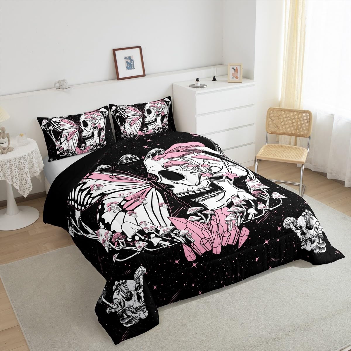 Skull Skull Bedding Set Full Size Pink Butterfly Mushroom Comforter Set Starry Galaxy Moon Quilted Duvet 3pcs for Kids Teens Girls Boys Bedroom Decor Wild Animals Plants Bedspread,2 Pillowcases