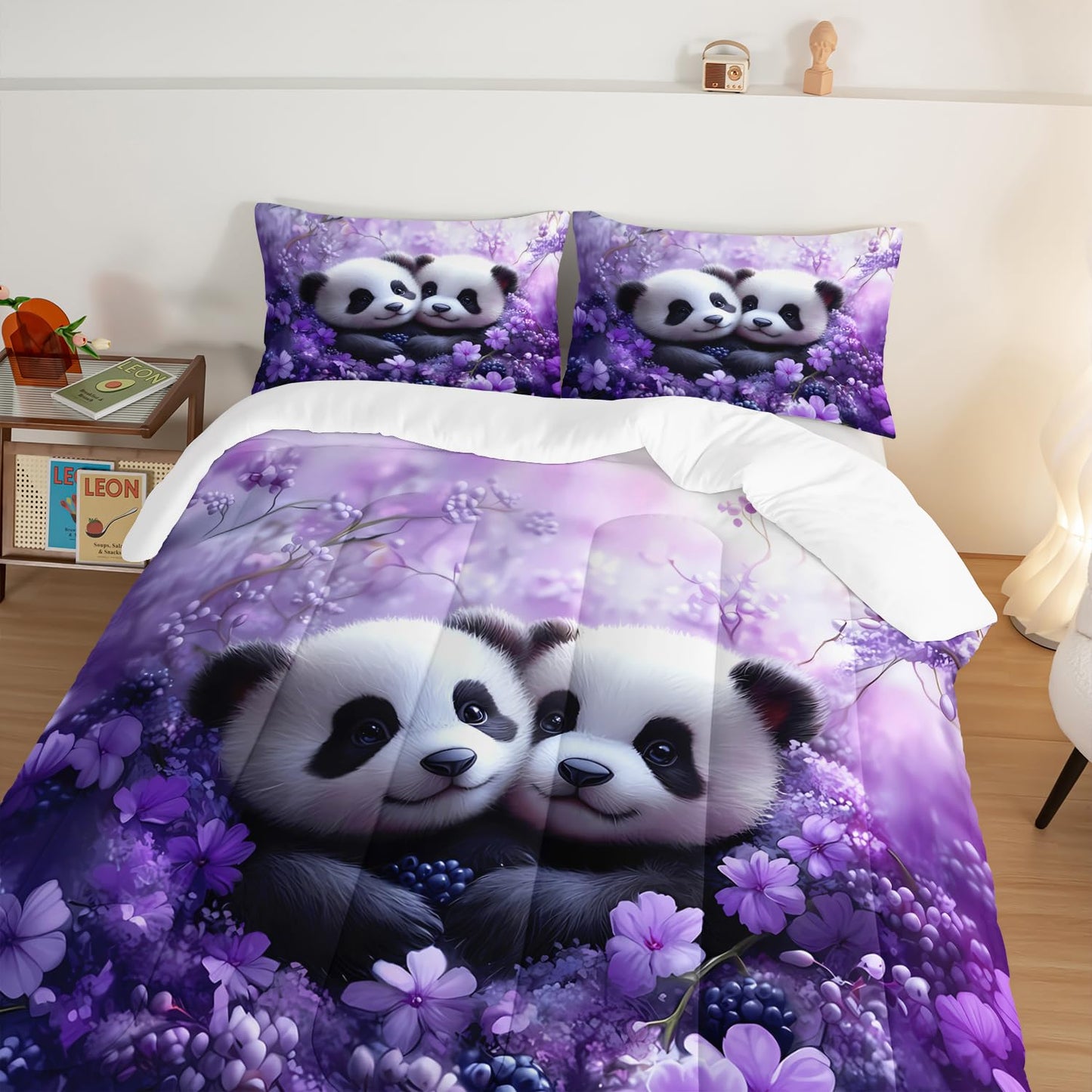 HOSIMA Panda Queen Bedding Sets for Girls Room Decor,Pandas Hugging Each Other in Flowers Field Printed Animal Bedding for Kids Boys,Fluffy Cute Comforter with 2 Pillowcases.