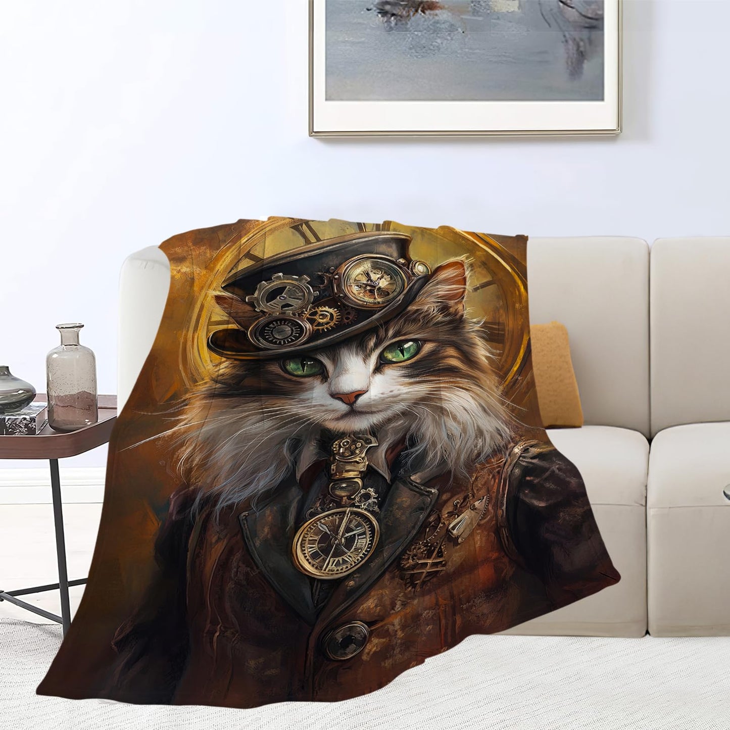 Cat Blanket, Steampunk Throw Blanket, Cats Gifts, Steampunk Blankets, Cats Stuff Fleece Flannel Plush for Women Men Boys Girls Lovers Adults Soft Bedding for Sofa Bed Office Home Decor 40"X50"