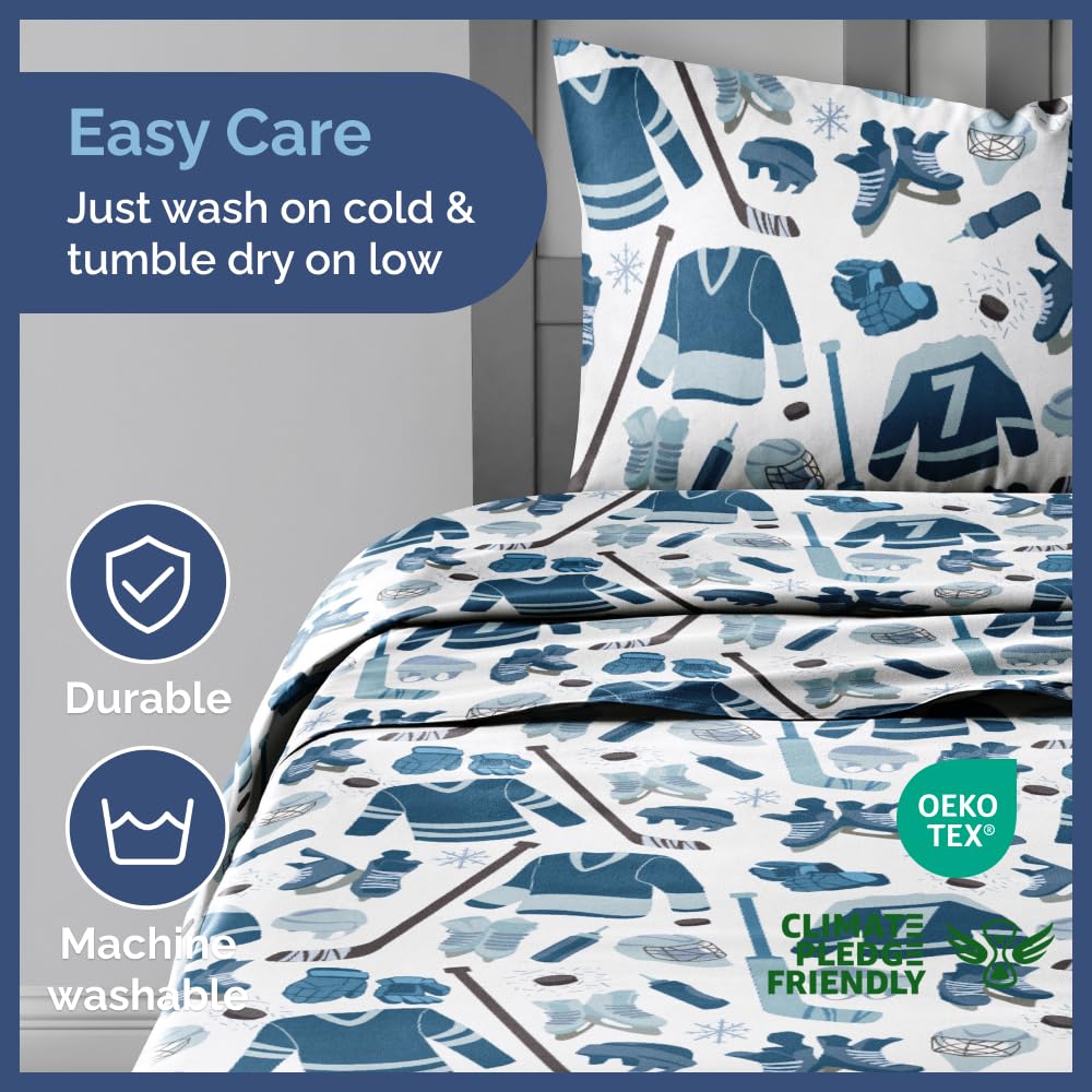 Kids Twin Size Blue Ice Hockey Bed Sheets - 3 Piece Sport Sheet Set - Ice Hockey Player Print Bedding - Soft, Breathable & Machine Washable - Sports Game Bed Set for Boys, Girls, Teens and Toddlers
