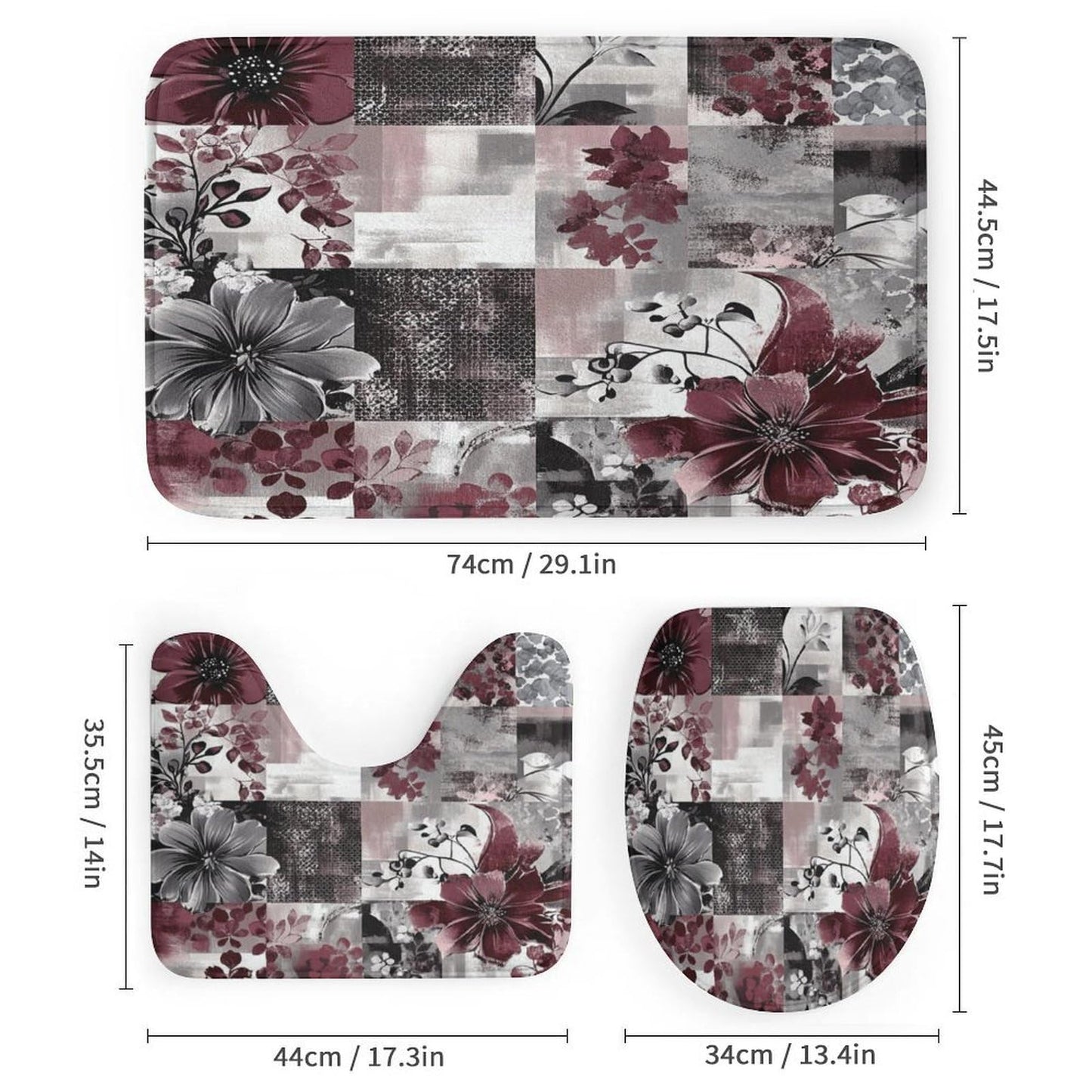 DIPQIMI 4Pcs Red Grey Flower Shower Curtain Sets with Rugs, Toilet Lid Cover and Bath Mat, Beautiful Patchwork Botanical Bathroom Shower Curtains Set with 12 Hooks