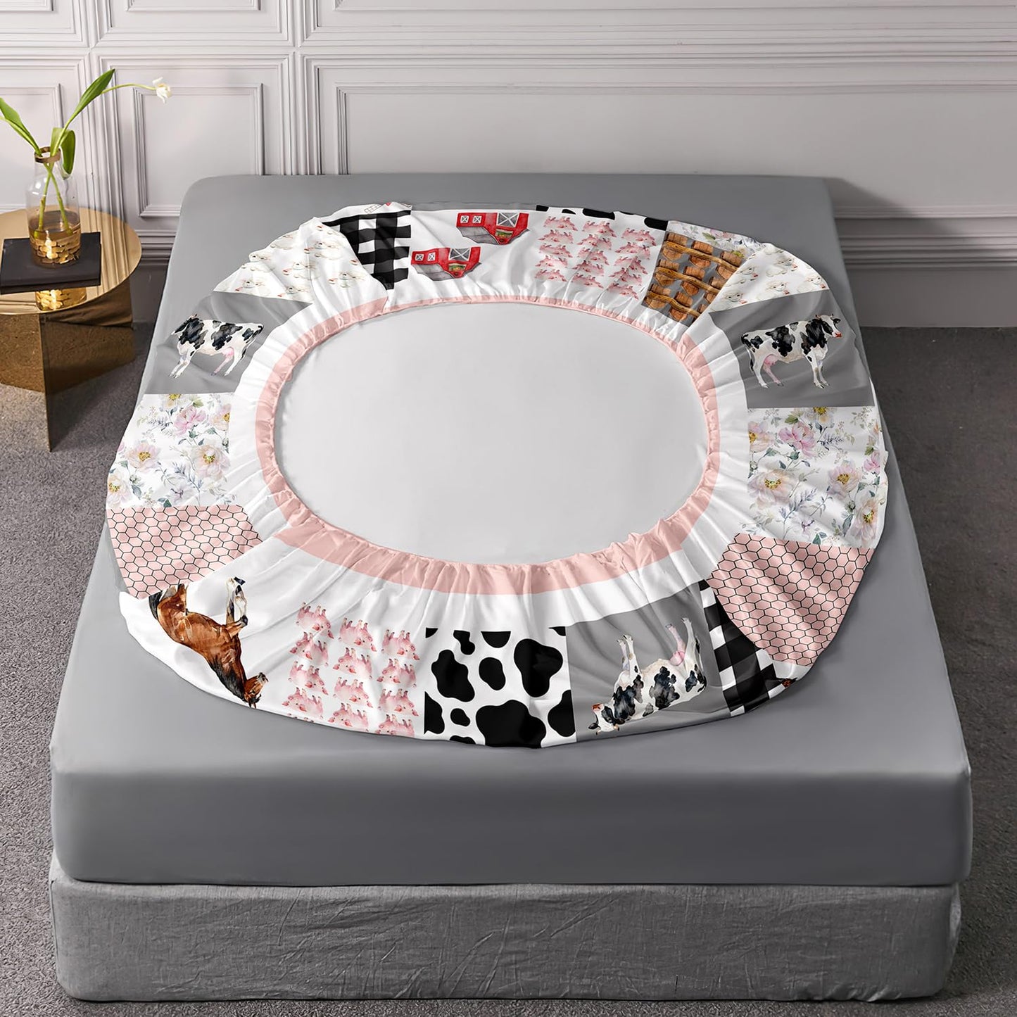 HOSIMA Cow Fitted Sheet & Pillowcase Set, Twin Western Country Room Decor Aesthetic for Girls, Cute Farm Animal Pig Cow Horse Twin Bedding Sets, Pink White Gingham
