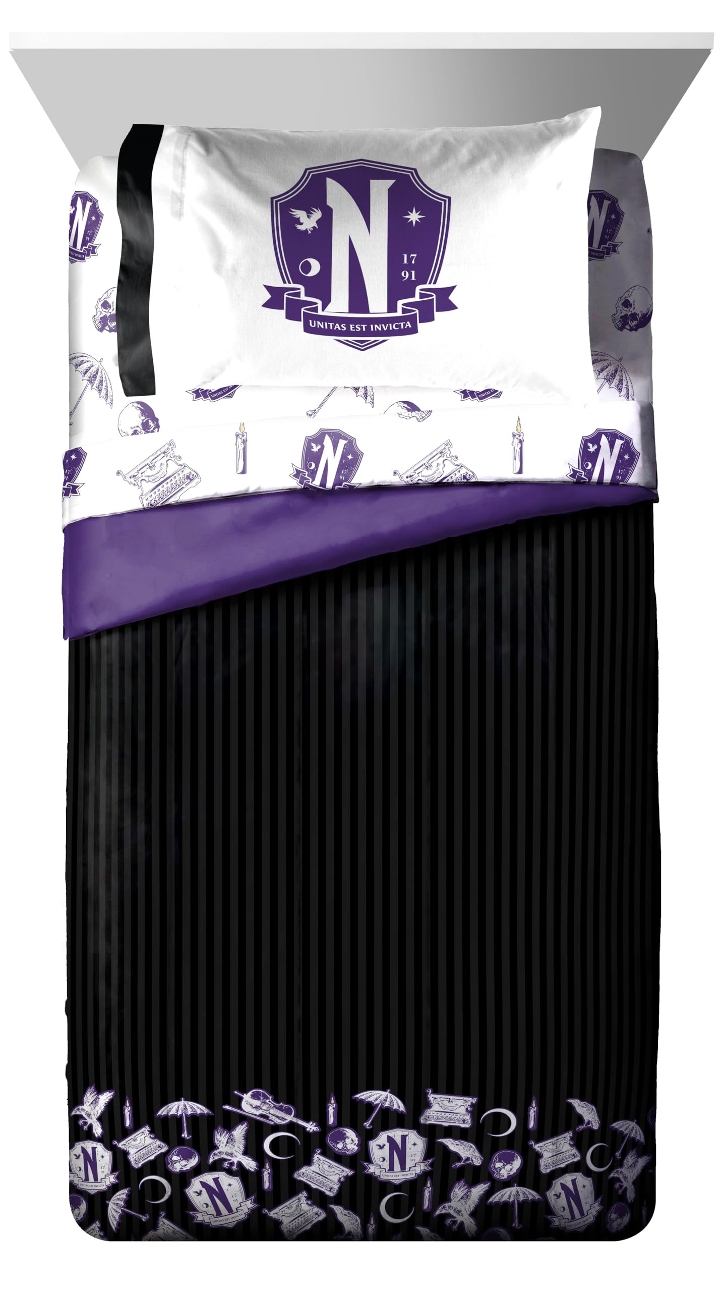Jay Franco Wednesday Addams Twin Comforter Set 5 Piece Bedding Includes Sheet Set & Pillow Covers - Black and Grey Stripes Super Soft Kids Bedding