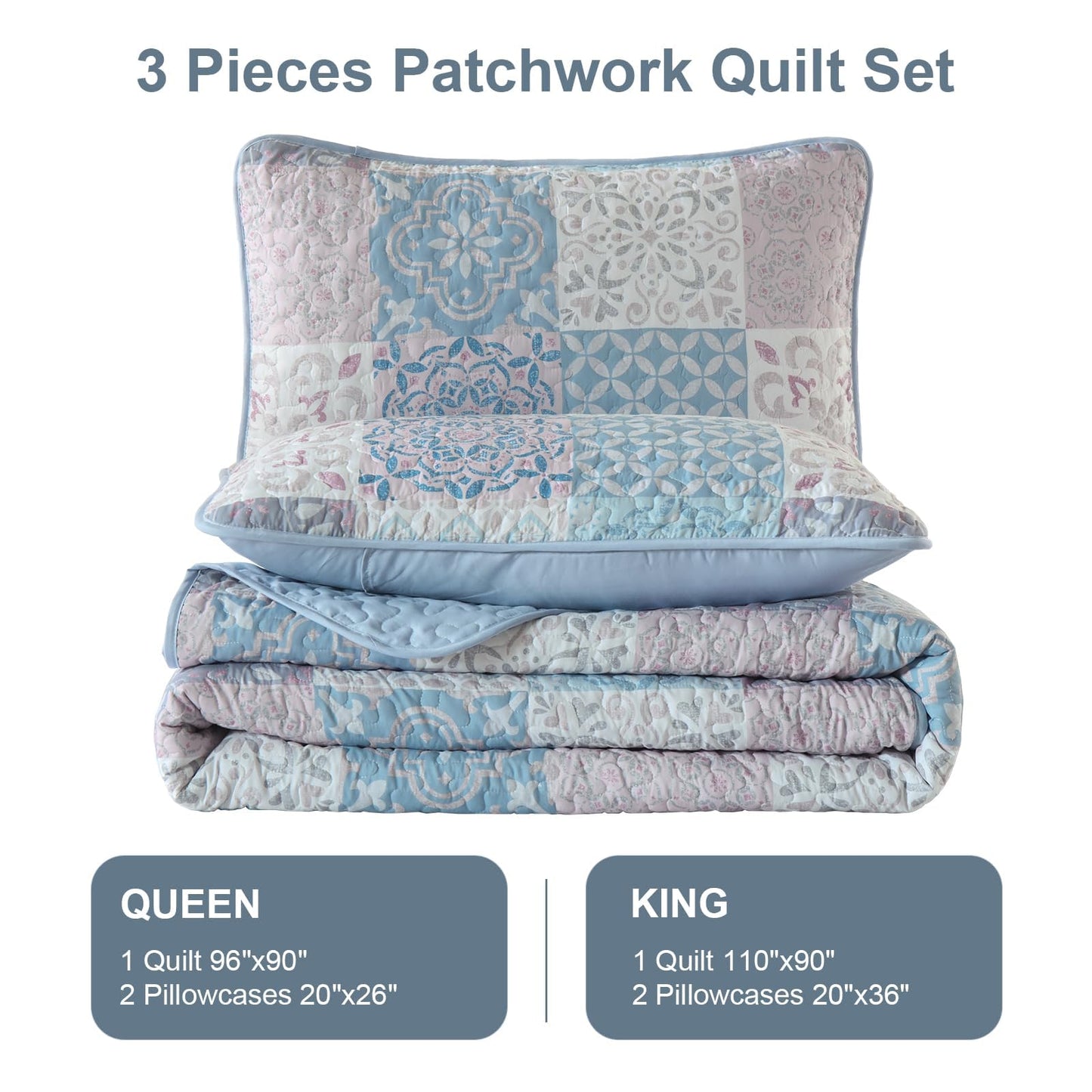 Dobuyly Quilt Set Queen Size, Light Blue/Pink Patchwork Bedspread 3 Pieces, Boho Plaid Summer Coverlet Set, Soft Lightweight Quilt Bedding Set for All Seasons 96"x90"
