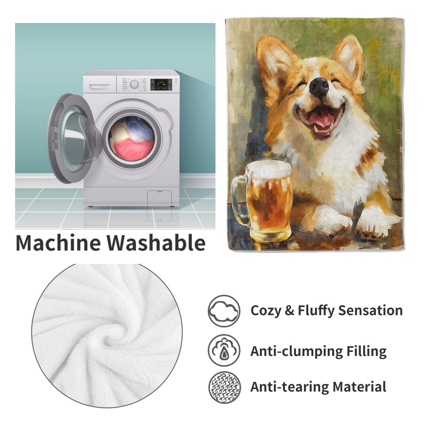 VANZEV Cute Corgi Blanket,Corgi and Beer Flannel Throw Blankets,Soft Warm Lightweight Cozy Plush Animal Throws for Bedroom Sofa Office Home Decor Gifts for Women Girls 60"x50"