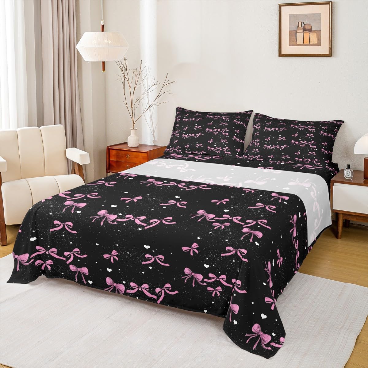jejeloiu Pink Bow Bed Sheets Set Twin Size Bowknot Bed Set for Kids Boys Girls Butterfly Bowknot Deep Pocket Fitted Sheet Bow-tie Breathable Soft Lightweight Microfiber