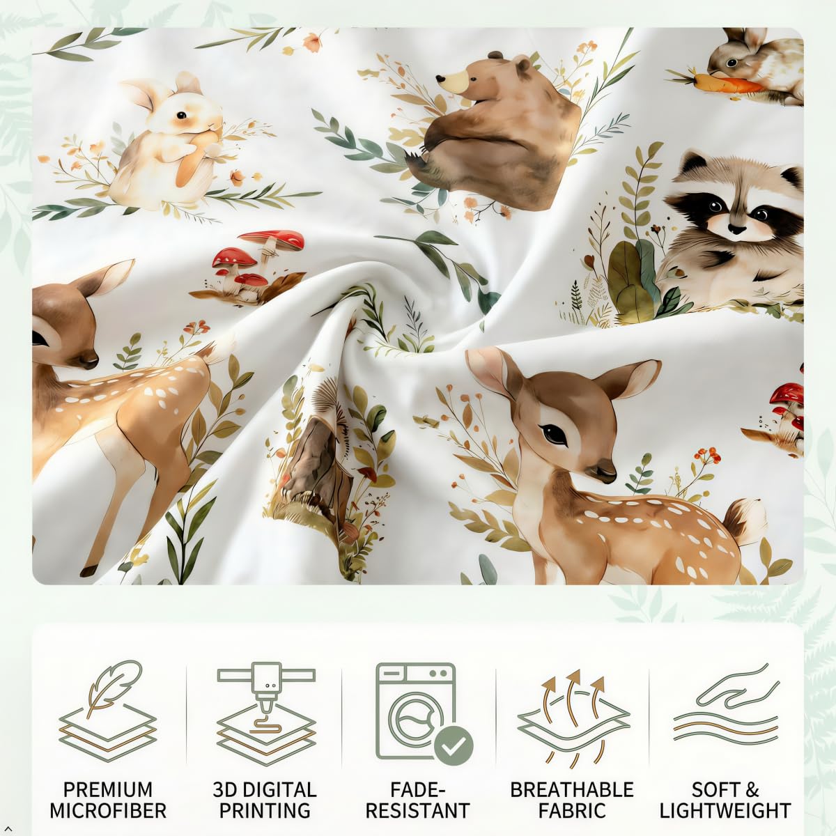 Erosebridal 7 Pcs Woodland Animals Kids Bedding Set Twin Cute Forest Raccoon Bear Deer Comforter Set with Sheets for Boys Girls Teens Jungle Safari Animals Bed in A Bag Botanical Mushroom Bed Sets