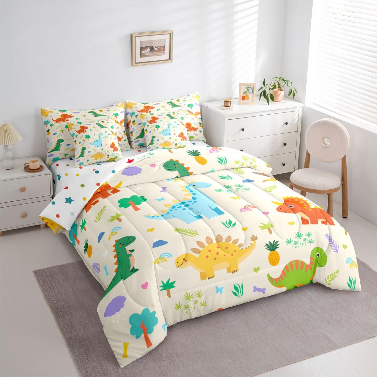 Feelyou Cute Dinosaur Comforter Set with Sheets 7 Piece Full Size Boys Dinosaur Bed in a Bag Kids Boys Girls Cartoon Animal Bedding Set Bedroom Decor Breathable Soft Lightweight Microfiber