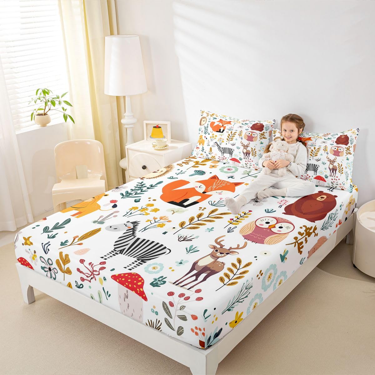 Erosebridal Kids Fox Bed Sheets Set King Size,Cartoon Bear Deer Bedding Set Cute Flower Animal Sheet Set for Boys Girls,Wild Flower Leaf Decor Fitted Sheet Flat Sheet 2 Pillow Cases