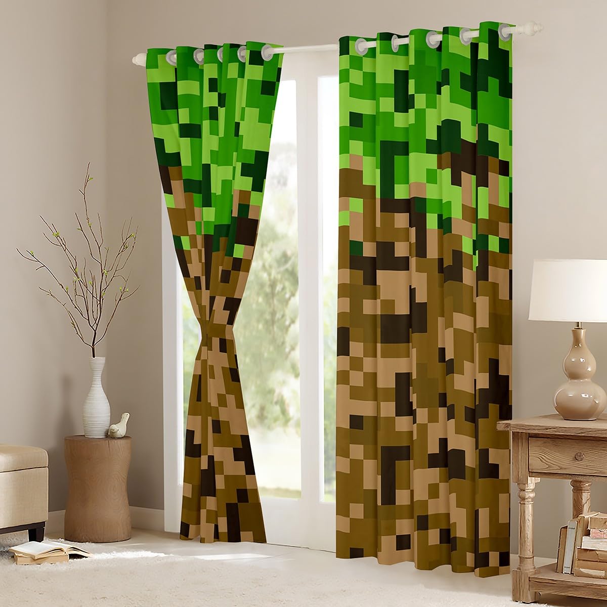 Miner Style Square Grid Window Curtain,Brown Green 100% Blackout Curtains for Kids Boys Teens Men Room Decor,Cartoon Gamepad Modern Window Treatment Curtain Pixelated Games Window Drapes,42Wx63L