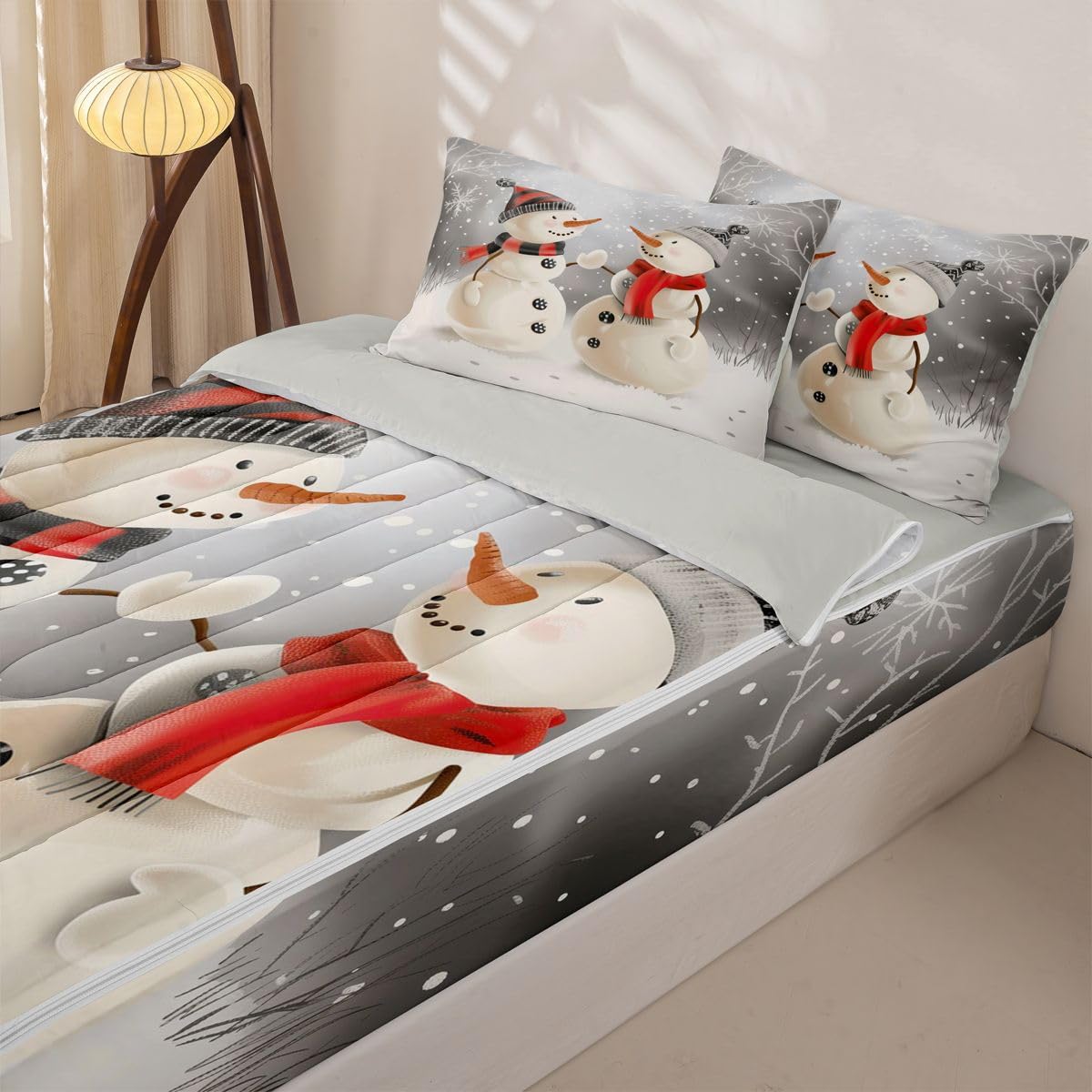 Erosebridal Cartoon Snowman Zippable Bedding, Xmas Twin Size Comforter Set, Cute Print Sheets and Pillowcases, New Year Zipper Bedding Set Room Decor