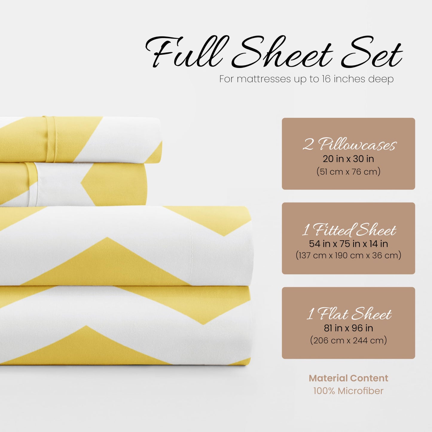 Linen Market Double-Brushed Patterned Microfiber Full Sheet Set 4 Piece – Oeko-TEX Certified Ultra Soft & Wrinkle-Free - 16" Deep Pocket Sheets - Easy Care Full Size - Arrow Yellow