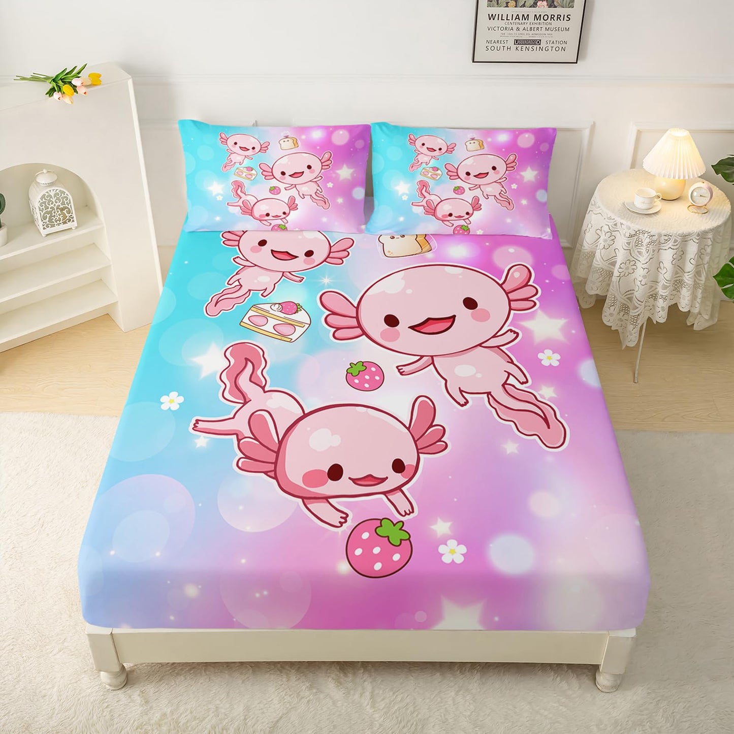 QOOMO Pink Axolotl Microfiber Flat Fitted Sheets Set for Children Strawberry Cake Super Soft Kids Bedding Set Gradient Bubble Room Decoration Queen Size 1 Fitted Sheet, 1 Flat Sheet, 2 Pillow Cases