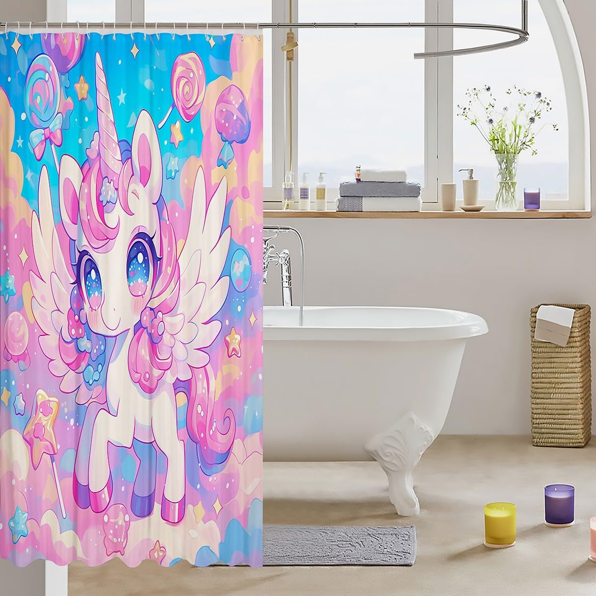 Cute Unicorn Kid Shower Curtains Dreamy Candy Unicorn Bathroom Curtains for Girl Princess Women Room Decor, Kawaii Pink Blue Waterproof Bath Curtains with 12 Hooks Suits for Bathtub, 72" W x 72" L
