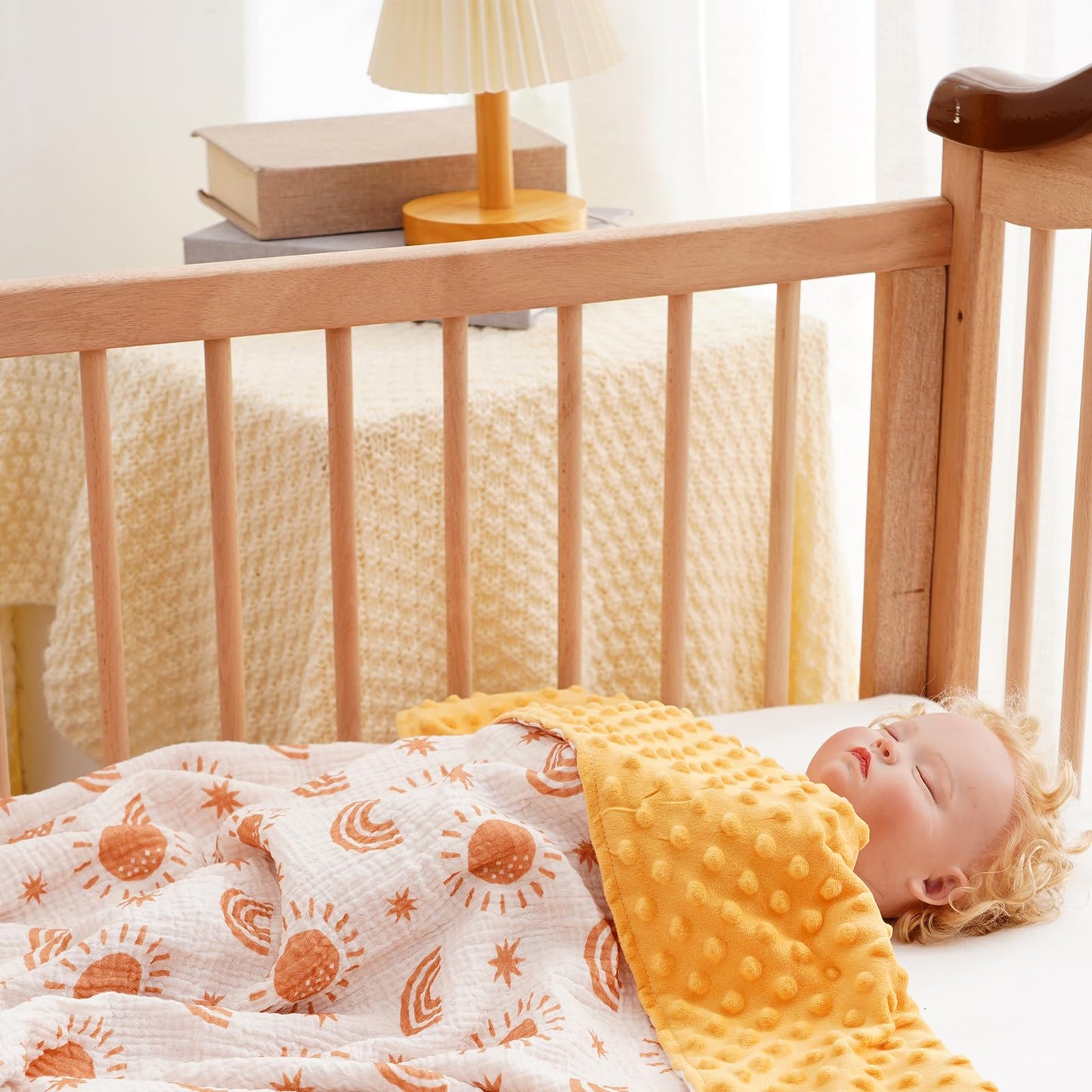 CoolaPeach 2 Pack Minky Baby Blankets,Super Soft Receiving Blankets with Muslin Cotton Front & Dotted Fleece Backing,39x29.5 Inches,Printed Bed Throws Newborn(Sun)