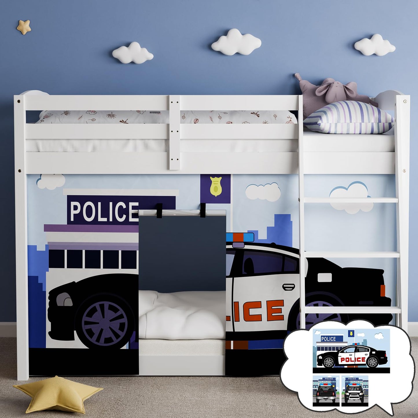 YRDKB Police Car Bed Curtains - 33H Premium and Customizable Cartoon Loft Bed Curtains for Children to Enhance The Imaginative Creation Bedroom Curtains(3PCS,Twins)