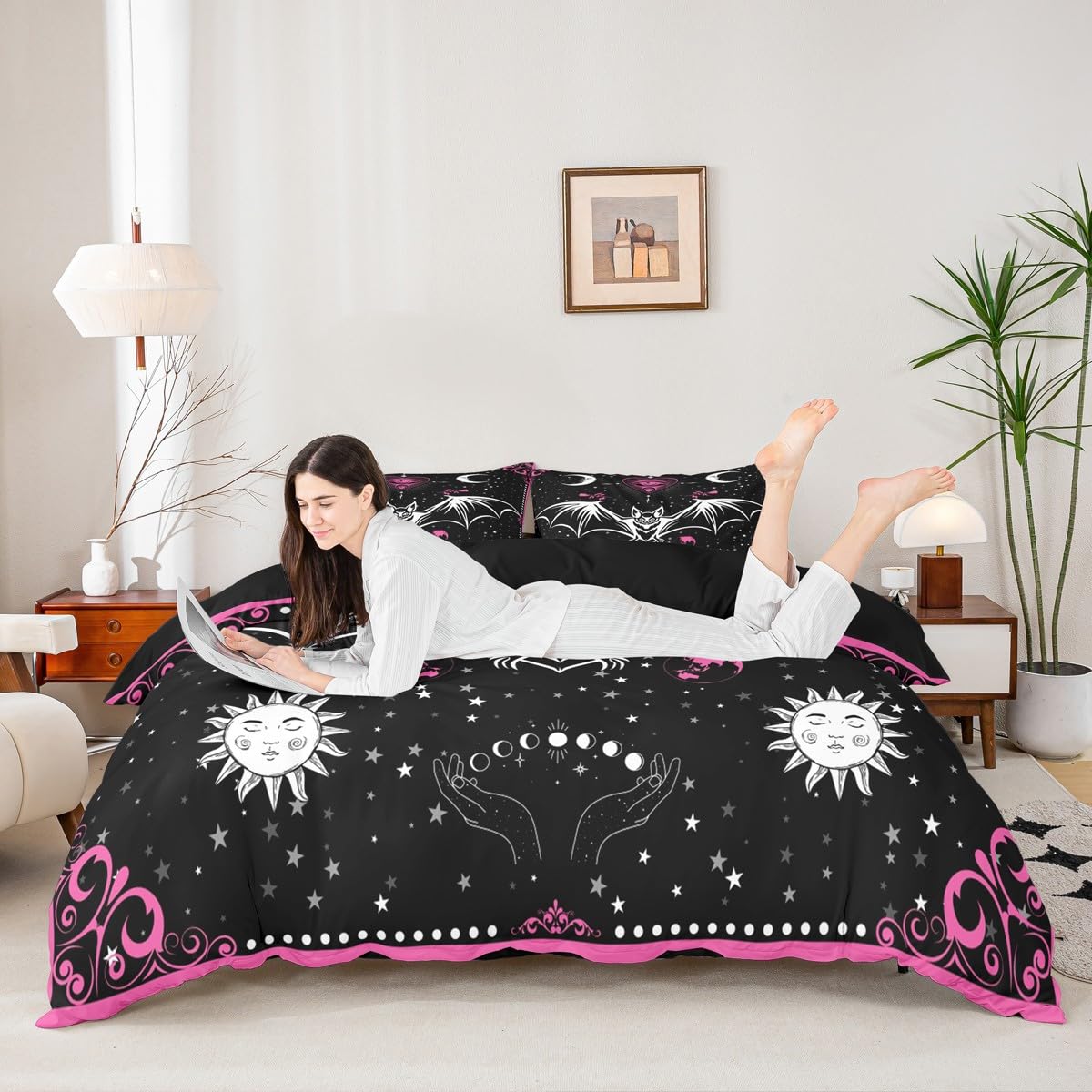 Bat Duvet Cover Set King Size Sun Moon Starry Galaxy Bedding Set Gothic Style Wild Animals Comforter Cover for Kids Boys Girls Teens Bedroom Decor Pink Floral Exotic Black White Quilt Cover 3Pcs