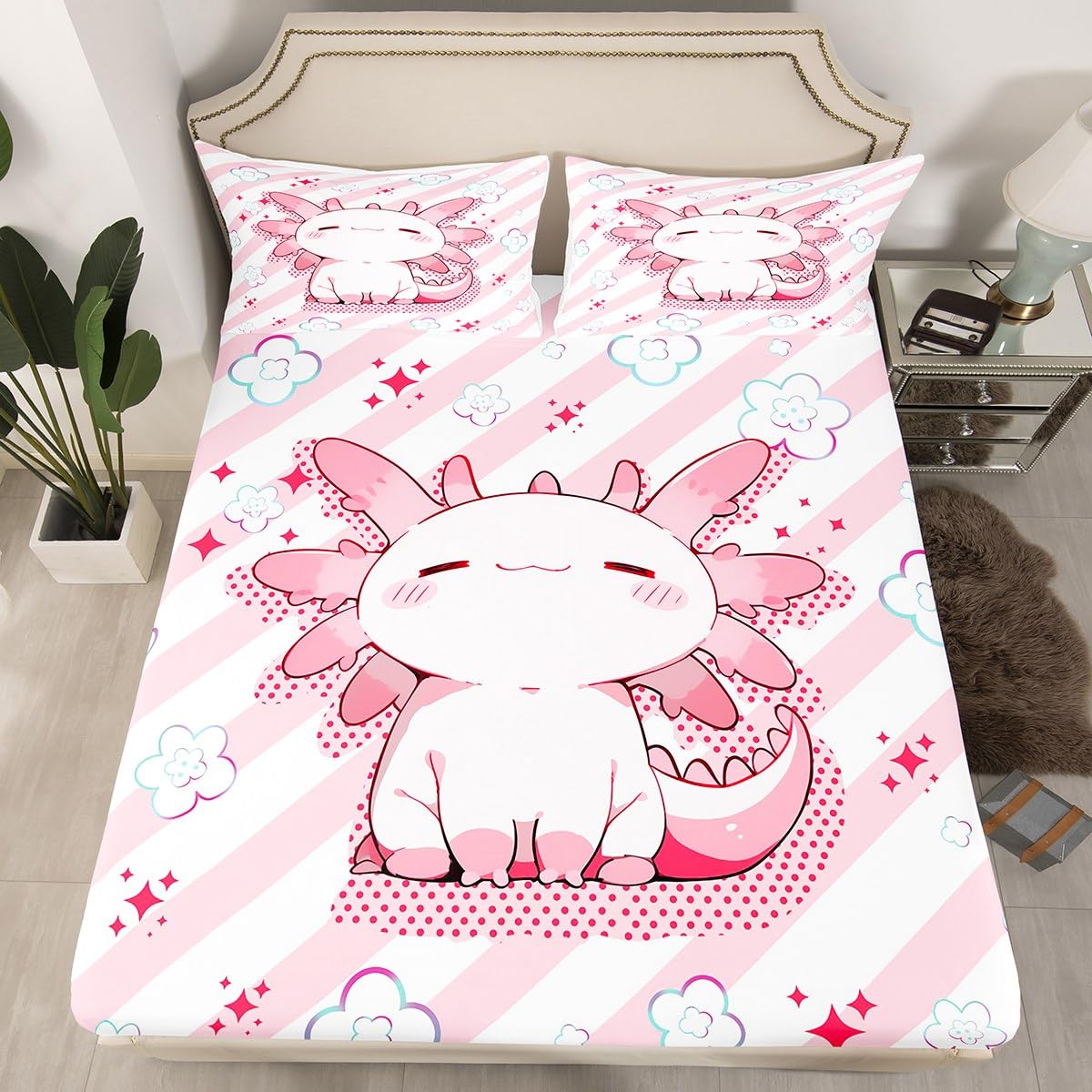 Homewish 4 Pieces Cute Axolotl Full Size Sheet Set Soft Microfiber Cartoon Salamander Fitted Flat Sheets and Pillowcases Pink Stripes Bedding Sets for Kids Teens Adults