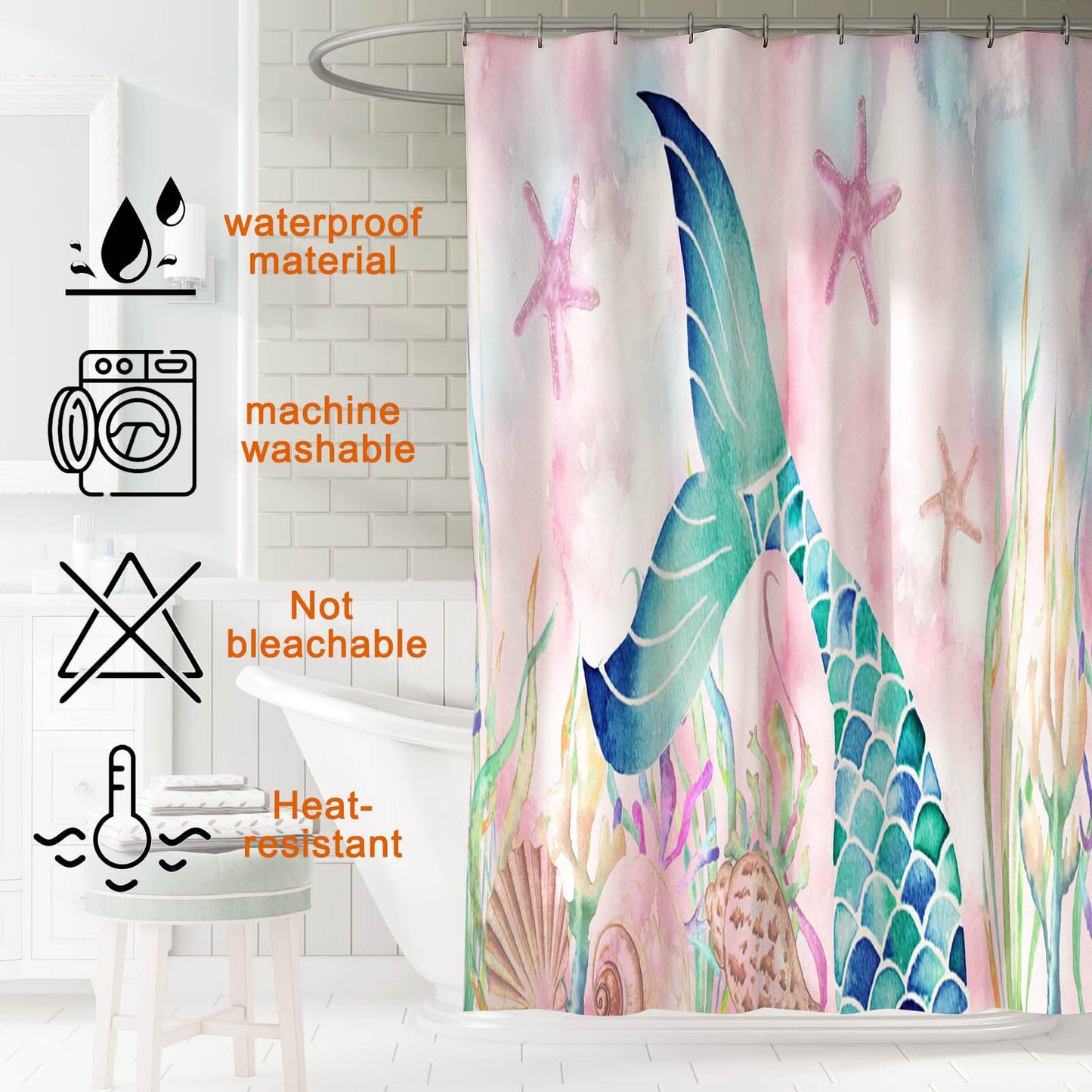 KINUUIS 4 Pcs Mermaid Bathroom Set Pink Shower Curtain Sets with Non-Slip Rugs Toilet Lid Cover and Bath Mat Set, Kids Girl Bathroom Decor with 12 Hooks