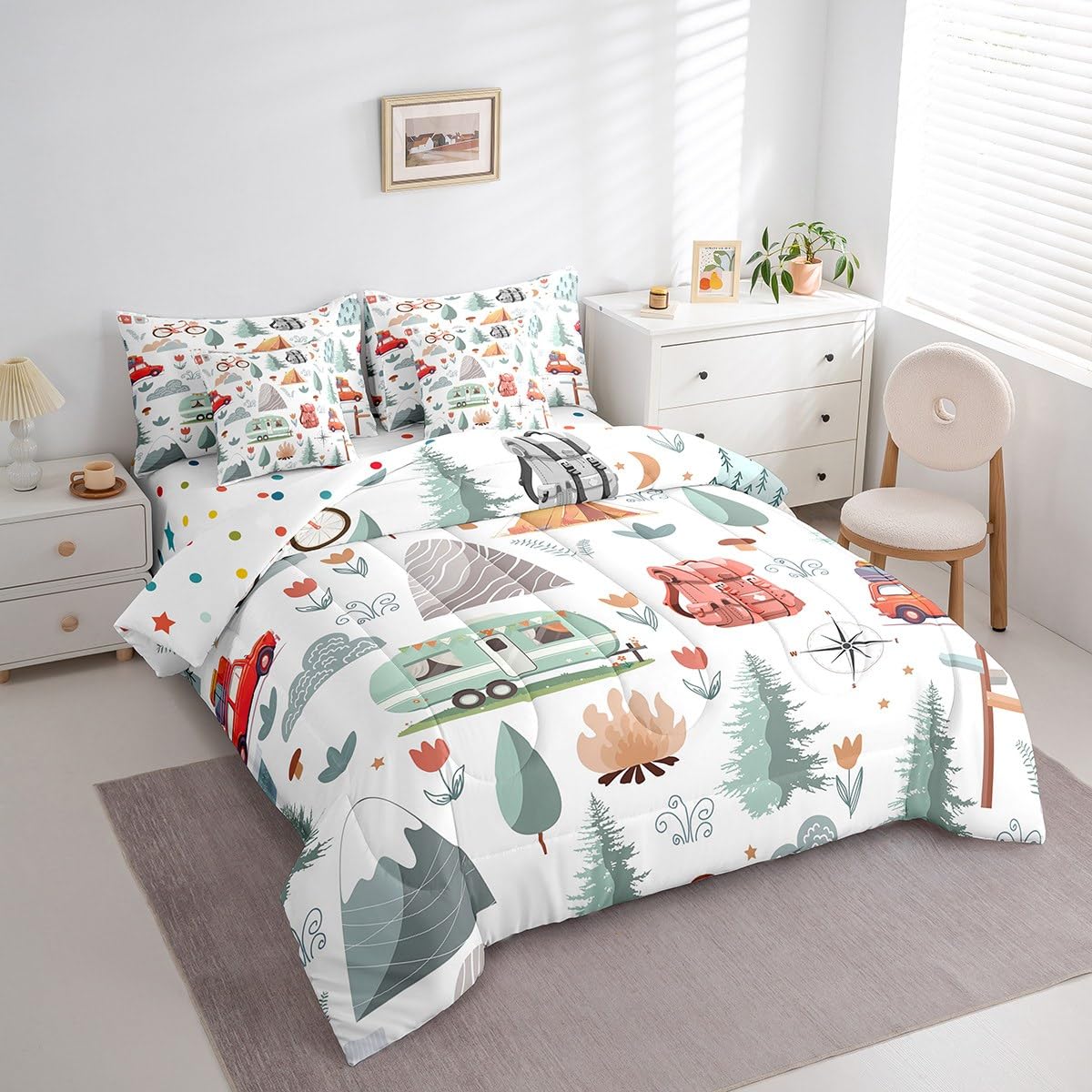 Erosebridal Kids Camper Theme 7 Pcs Comforter Set Twin Bed in a Bag,Happy Camping Bedding Set,Travel Car Rv Accessories Down Comforter,Botanical Flowers Mountain Adventure Quilt,Cute Camper Sheets